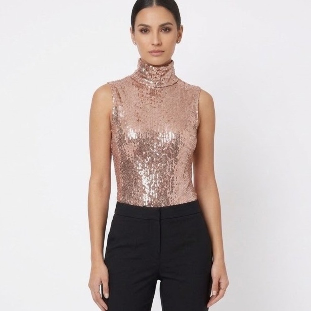 Anthropologie Floreat Rose Gold Sequin Mock Neck Sleeveless Bodysuit Small
